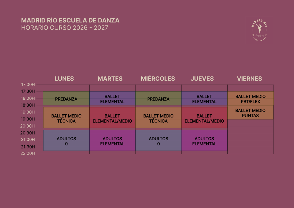 Horario de clases de ballet curso 2026-2027 de Madrid Río Escuela de Danza